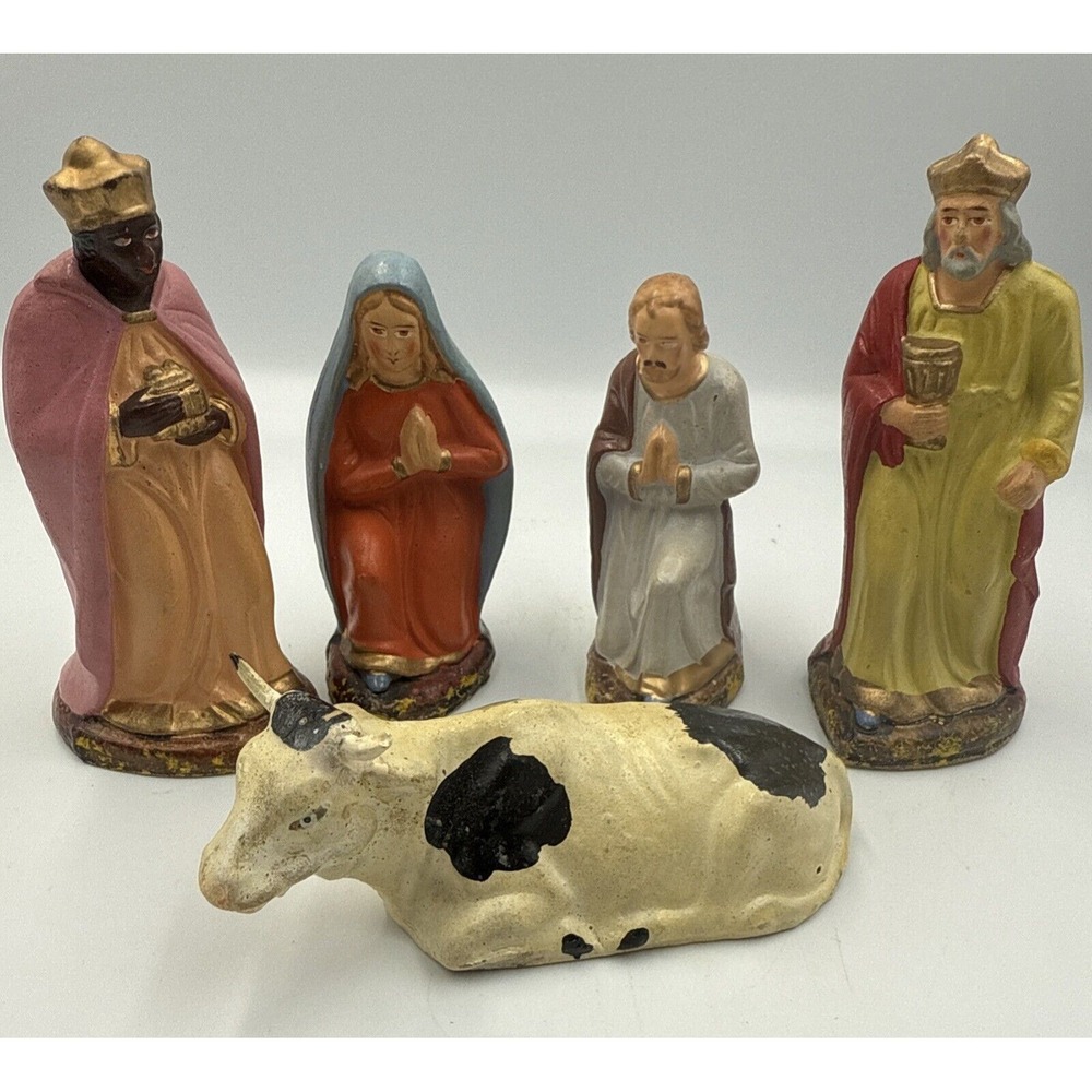 Vtg German Nativity Figures Kneeling Mary Joesph Wiseman Cow Lot of‎ 5 Germany